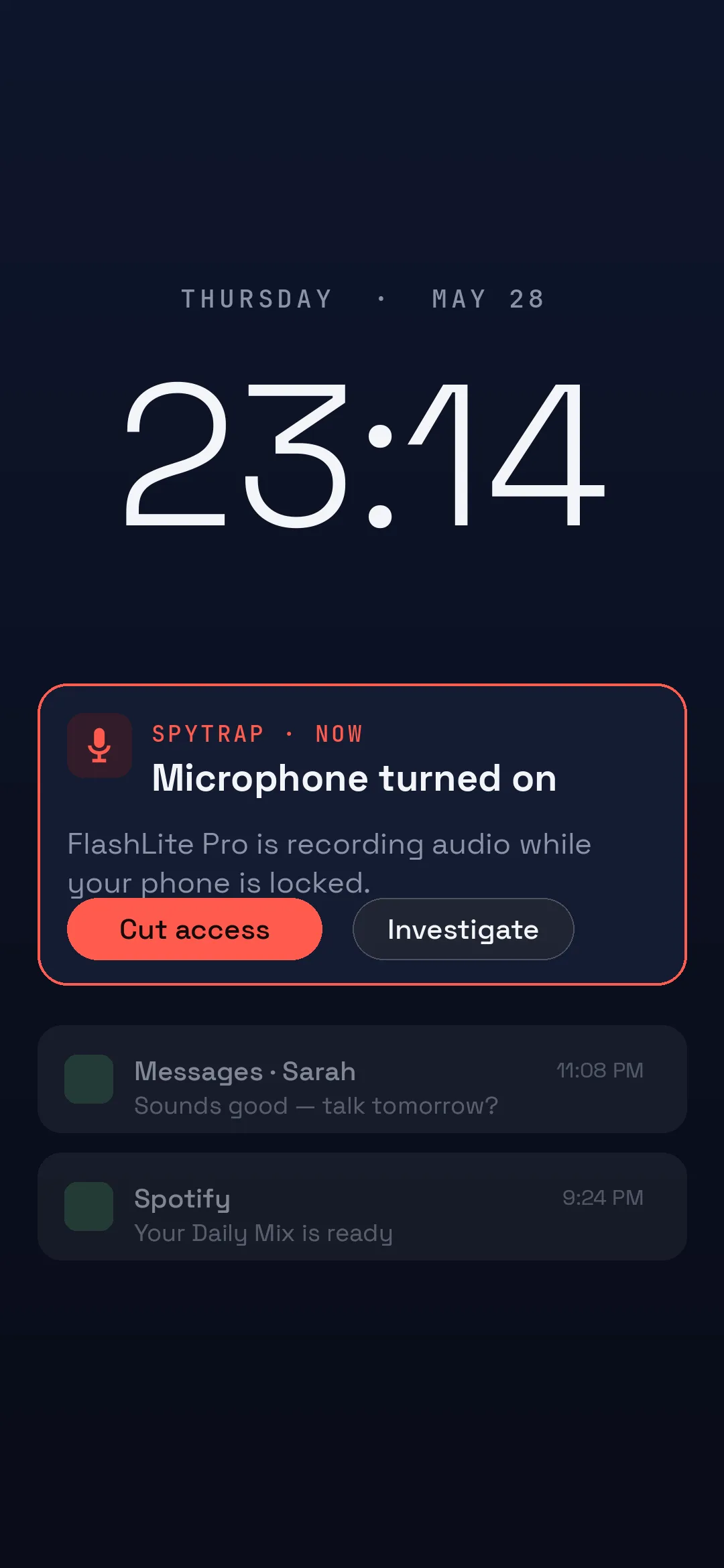 Spytrap lock-screen alert: microphone turned on