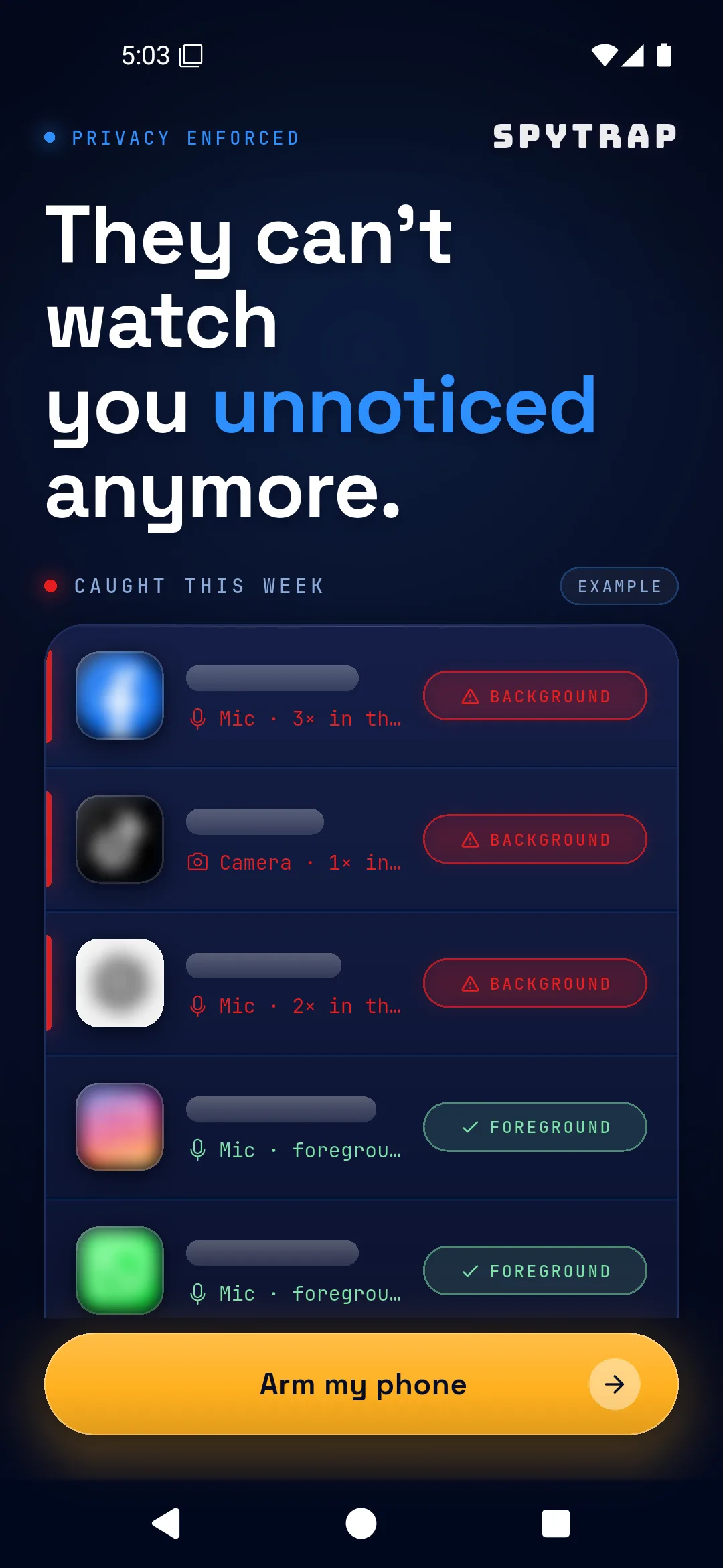 Spytrap home screen showing the privacy index and recent sensor activity