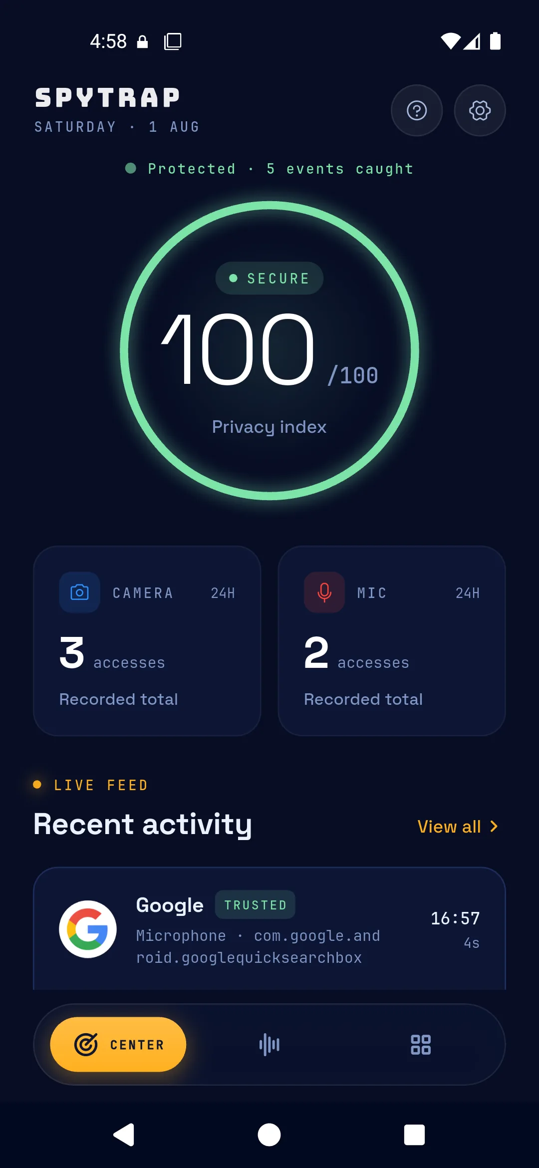 Spytrap activity log listing every camera and microphone access with timestamps