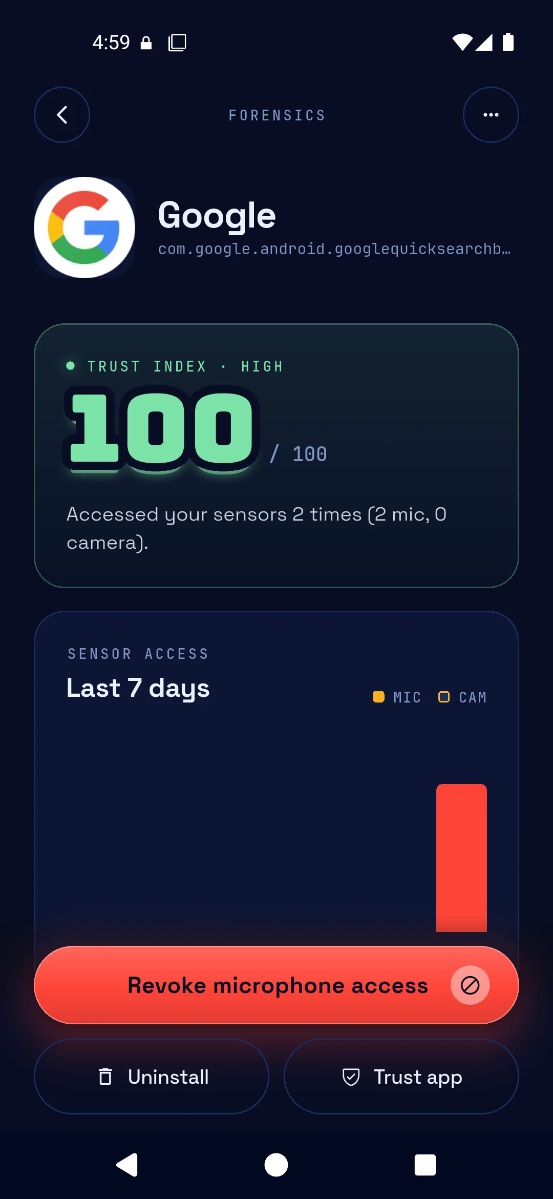 Spytrap trust score screen rating each installed app on its sensor behaviour