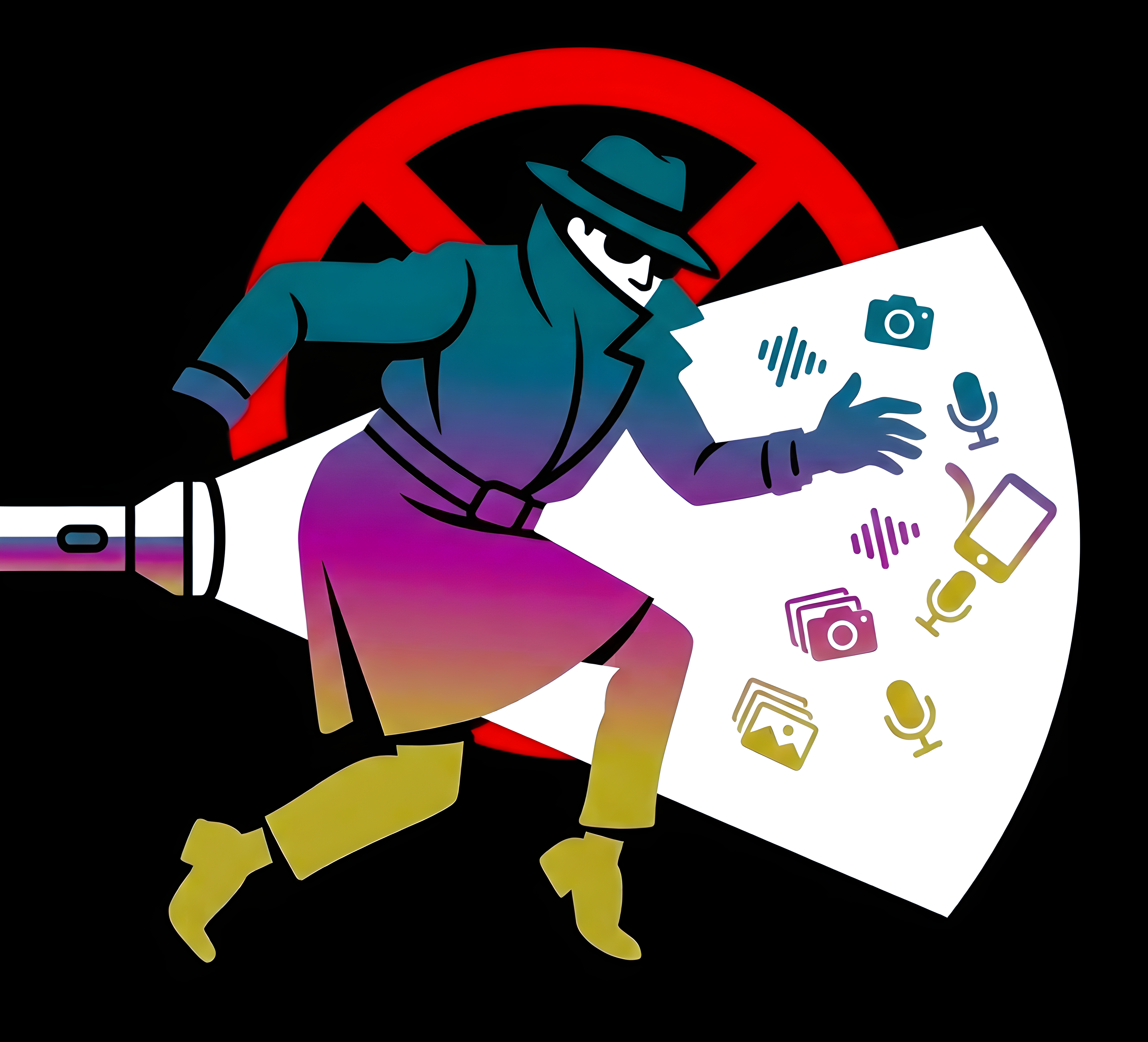 A spy caught in a flashlight beam