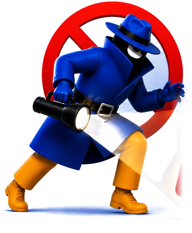 A cartoon spy in a blue trench coat caught inside a red no-spying sign, flashlight in hand